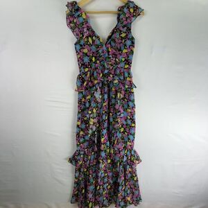 AMUR | Dresses | Amur Dominique Pleated Lace Print Tiered Maxi Dress  Pinkred | Poshmark